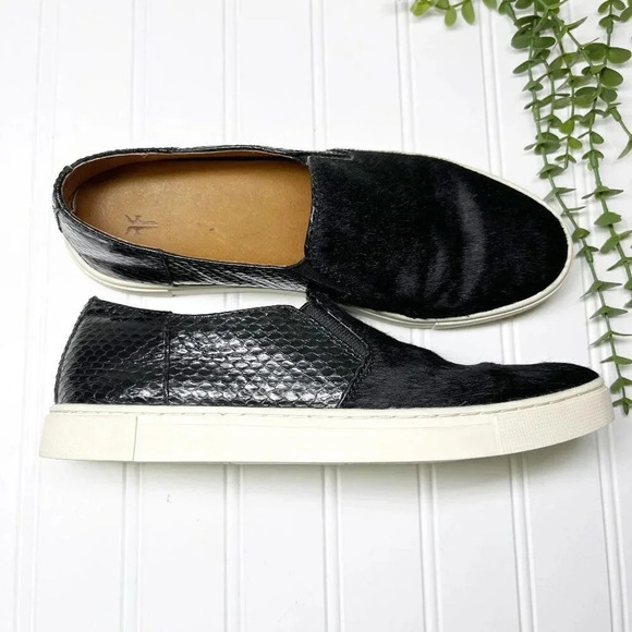 Frye Gemma Black Calf Hair & Faux Snakeskin Slip On Sneakers Women's Size 7.5 - Picture 2 of 7